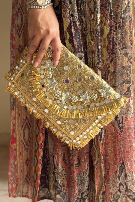 Bhavna Kumar Gold Gota Patti, Mirrors, Sequins Sheesh Bloom Embellished Clutch Online at Aza Fashions Bhavna Kumar_Gold Gota Patti, Mirrors, Sequins Sheesh Bloom Embellished Clutch_Online_at_Aza_Fashions