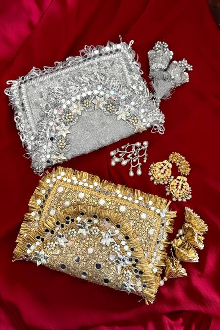Buy Bhavna Kumar Gold Gota Patti, Mirrors, Sequins Sheesh Bloom Embellished Clutch Online at Aza Fashions Buy_Bhavna Kumar_Gold Gota Patti, Mirrors, Sequins Sheesh Bloom Embellished Clutch_Online_at_Aza_Fashions