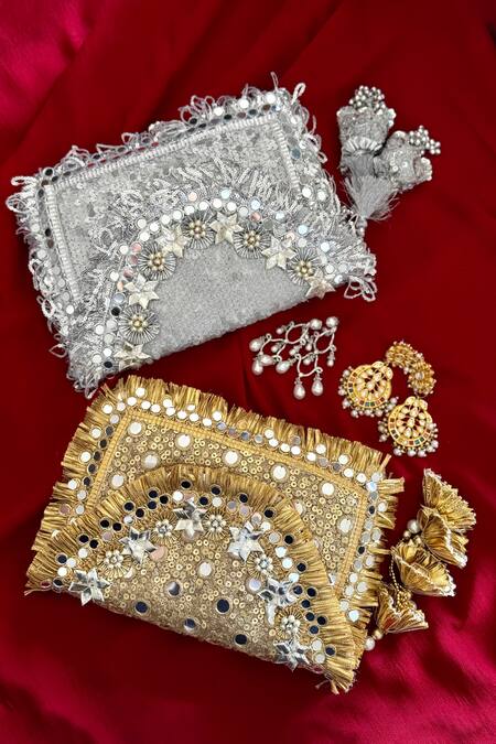 Shop_Bhavna Kumar_Silver Sequin Sheesh Bloom Embellished Clutch _Online_at_Aza_Fashions