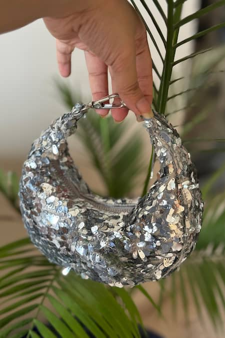 Bhavna Kumar Silver Sequin Crescent Embellished Mini Handbag 