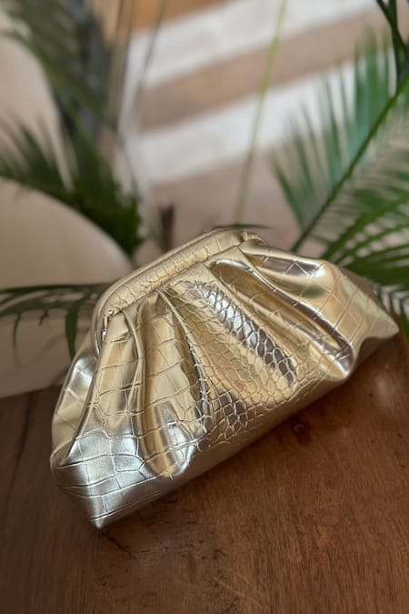 Bhavna Kumar Gold Croc Skin Textured Puffed Clutch 