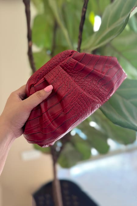 Buy_Bhavna Kumar_Wine Animal Skin Textured Puffed Clutch_Online_at_Aza_Fashions