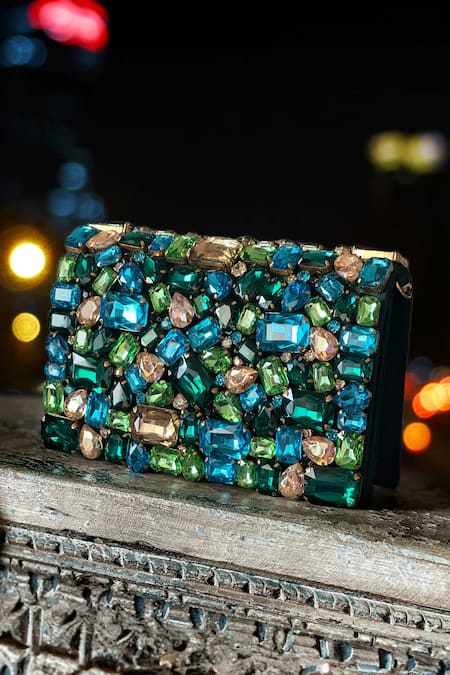 Bhavna Kumar_Green Crystal And Stone Bejewelled Clutch_Online_at_Aza_Fashions