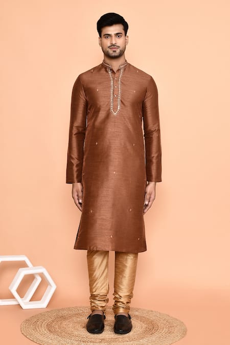 Buy_Arihant Rai Sinha_Brown Denim, Silk Mirrors Placed Kurta With Churidar_Online_at_Aza_Fashions