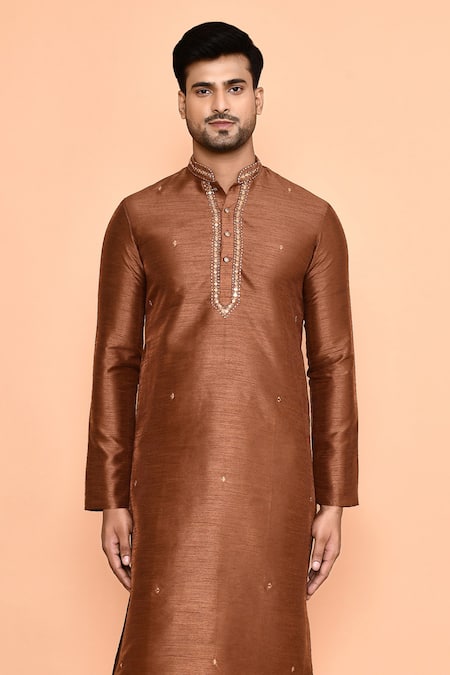 Shop_Arihant Rai Sinha_Brown Denim, Silk Mirrors Placed Kurta With Churidar_Online_at_Aza_Fashions