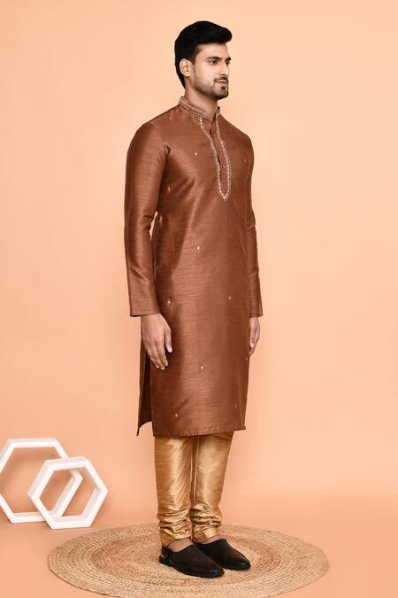 Buy_Arihant Rai Sinha_Brown Denim, Silk Mirrors Placed Kurta With Churidar