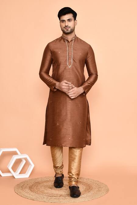 Shop_Arihant Rai Sinha_Brown Denim, Silk Mirrors Placed Kurta With Churidar