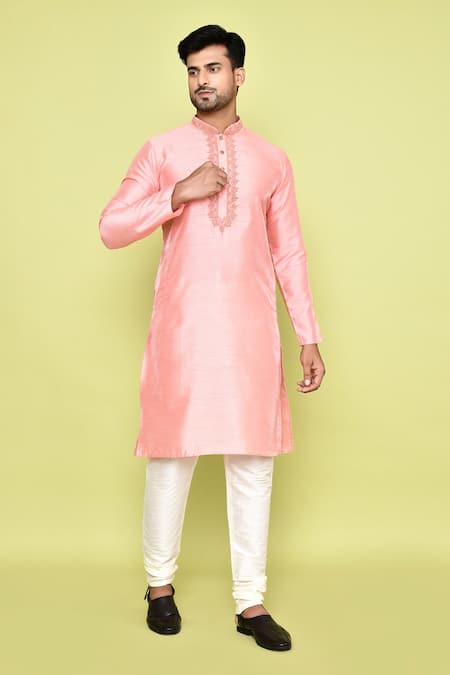 Arihant Rai Sinha Pink Silk, Cotton Embroidery Threadwork Placket Kurta With Churidar 