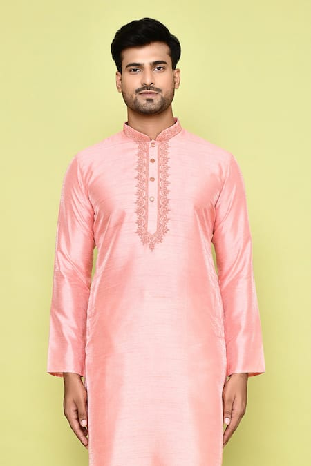 Shop_Arihant Rai Sinha_Pink Silk, Cotton Embroidery Threadwork Placket Kurta With Churidar _Online_at_Aza_Fashions