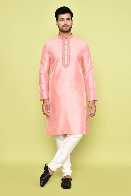 Shop_Arihant Rai Sinha_Pink Silk, Cotton Embroidery Threadwork Placket Kurta With Churidar 