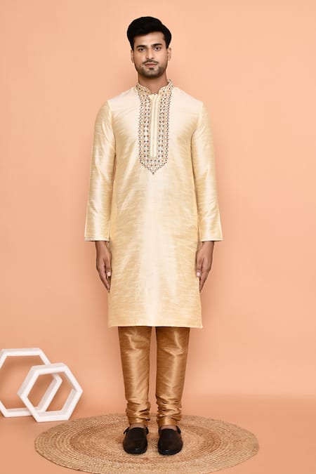 Buy Arihant Rai Sinha Beige Silk, Denim Embroidery Floral Threadwork Kurta With Churidar Online at Aza Fashions Buy_Arihant Rai Sinha_Beige Silk, Denim Embroidery Floral Threadwork Kurta With Churidar _Online_at_Aza_Fashions