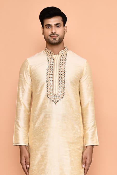 Shop Arihant Rai Sinha Beige Silk, Denim Embroidery Floral Threadwork Kurta With Churidar Online at Aza Fashions Shop_Arihant Rai Sinha_Beige Silk, Denim Embroidery Floral Threadwork Kurta With Churidar _Online_at_Aza_Fashions