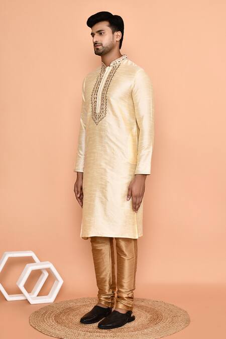 Arihant Rai Sinha Beige Silk, Denim Embroidery Floral Threadwork Kurta With Churidar at Aza Fashions Arihant Rai Sinha_Beige Silk, Denim Embroidery Floral Threadwork Kurta With Churidar _at_Aza_Fashions