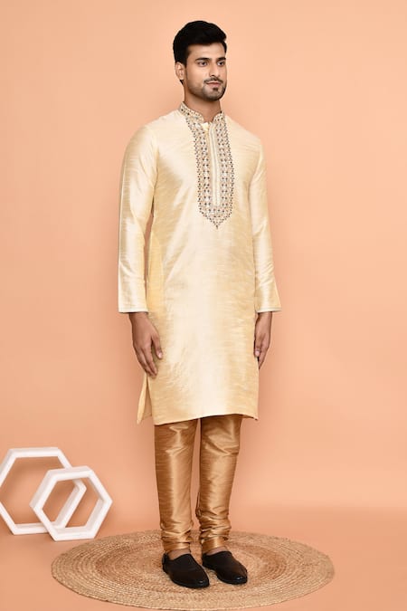Buy Arihant Rai Sinha Beige Silk, Denim Embroidery Floral Threadwork Kurta With Churidar Buy_Arihant Rai Sinha_Beige Silk, Denim Embroidery Floral Threadwork Kurta With Churidar