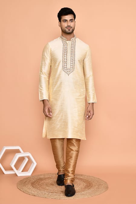 Shop Arihant Rai Sinha Beige Silk, Denim Embroidery Floral Threadwork Kurta With Churidar Shop_Arihant Rai Sinha_Beige Silk, Denim Embroidery Floral Threadwork Kurta With Churidar