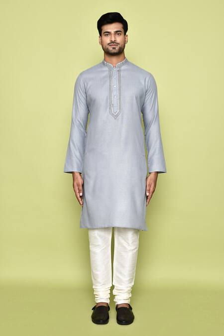 Buy_Arihant Rai Sinha_Grey Cotton Embroidery Placed Threadwork Kurta With Churidar_Online_at_Aza_Fashions