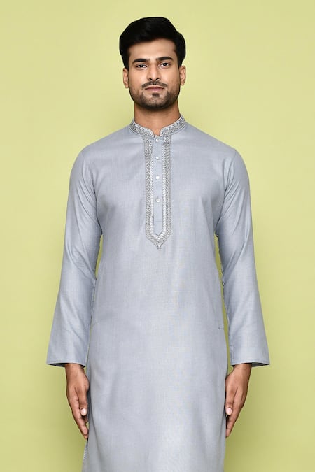 Shop_Arihant Rai Sinha_Grey Cotton Embroidery Placed Threadwork Kurta With Churidar_Online_at_Aza_Fashions