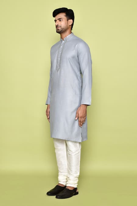 Arihant Rai Sinha_Grey Cotton Embroidery Placed Threadwork Kurta With Churidar_at_Aza_Fashions