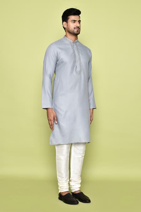 Buy_Arihant Rai Sinha_Grey Cotton Embroidery Placed Threadwork Kurta With Churidar