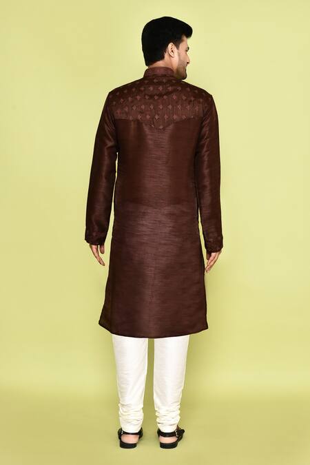 Shop Arihant Rai Sinha Brown Denim Embroidery Floral Butti Kurta With Churidar at Aza Fashions Shop_Arihant Rai Sinha_Brown Denim Embroidery Floral Butti Kurta With Churidar_at_Aza_Fashions