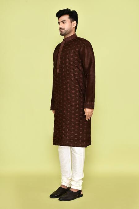 Buy Arihant Rai Sinha Brown Denim Embroidery Floral Butti Kurta With Churidar Online at Aza Fashions Buy_Arihant Rai Sinha_Brown Denim Embroidery Floral Butti Kurta With Churidar_Online_at_Aza_Fashions