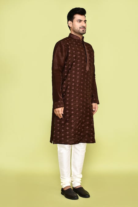 Shop Arihant Rai Sinha Brown Denim Embroidery Floral Butti Kurta With Churidar Online at Aza Fashions Shop_Arihant Rai Sinha_Brown Denim Embroidery Floral Butti Kurta With Churidar_Online_at_Aza_Fashions
