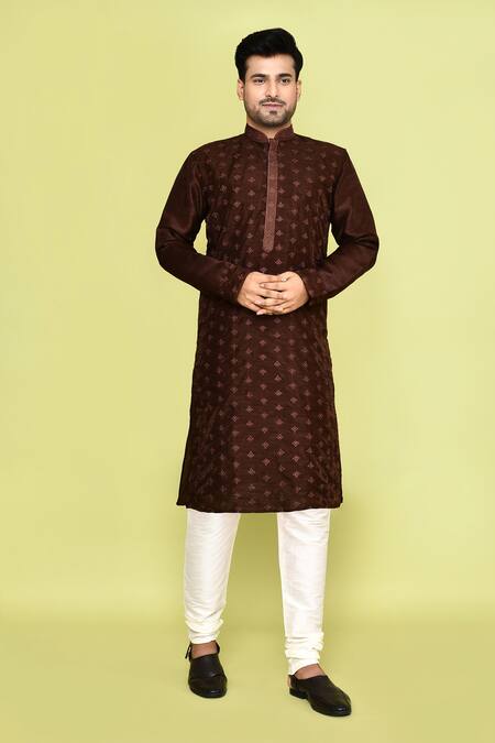 Arihant Rai Sinha Brown Denim Embroidery Floral Butti Kurta With Churidar at Aza Fashions Arihant Rai Sinha_Brown Denim Embroidery Floral Butti Kurta With Churidar_at_Aza_Fashions