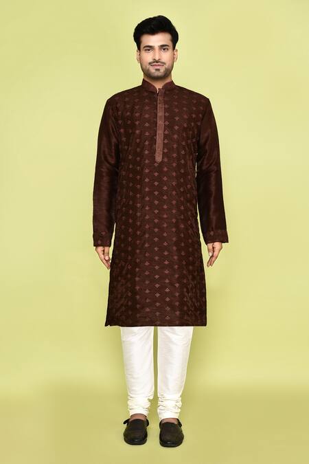Buy Arihant Rai Sinha Brown Denim Embroidery Floral Butti Kurta With Churidar Buy_Arihant Rai Sinha_Brown Denim Embroidery Floral Butti Kurta With Churidar