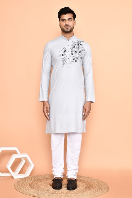 Buy_Arihant Rai Sinha_Grey Cotton Embroidery Cherry Blossom Threadwork Kurta With Churidar _Online_at_Aza_Fashions