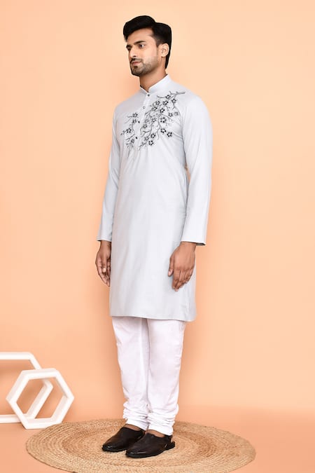 Shop_Arihant Rai Sinha_Grey Cotton Embroidery Cherry Blossom Threadwork Kurta With Churidar _Online_at_Aza_Fashions