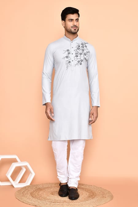 Buy_Arihant Rai Sinha_Grey Cotton Embroidery Cherry Blossom Threadwork Kurta With Churidar 