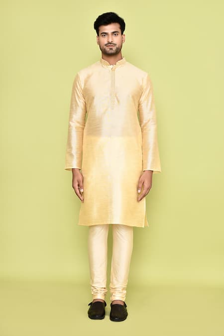 Buy_Arihant Rai Sinha_Beige Silk, Denim Floral Print Placket Kurta With Churidar _Online_at_Aza_Fashions