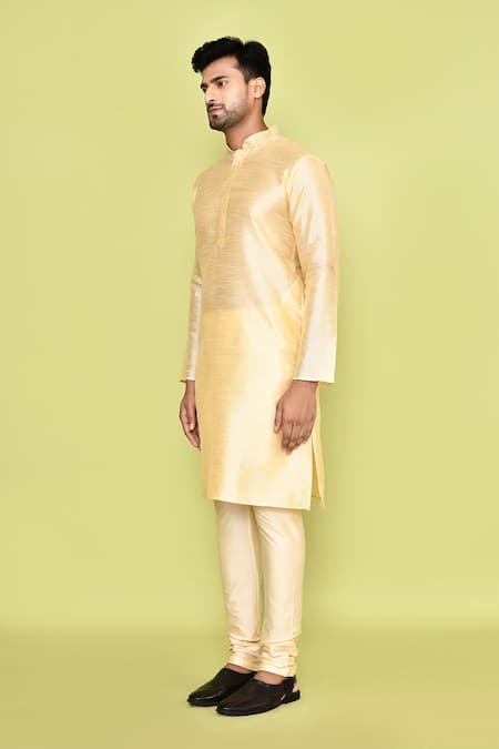 Shop_Arihant Rai Sinha_Beige Silk, Denim Floral Print Placket Kurta With Churidar _Online_at_Aza_Fashions