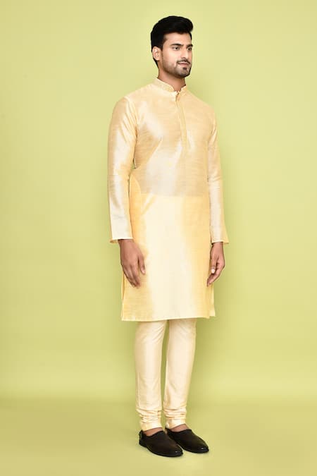 Arihant Rai Sinha_Beige Silk, Denim Floral Print Placket Kurta With Churidar _at_Aza_Fashions