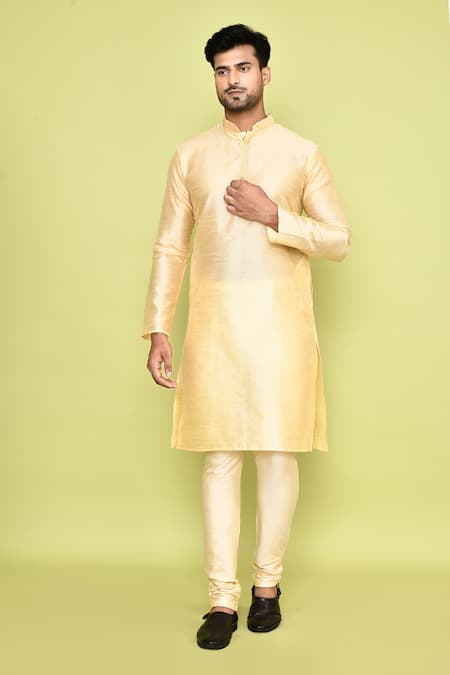 Buy_Arihant Rai Sinha_Beige Silk, Denim Floral Print Placket Kurta With Churidar 