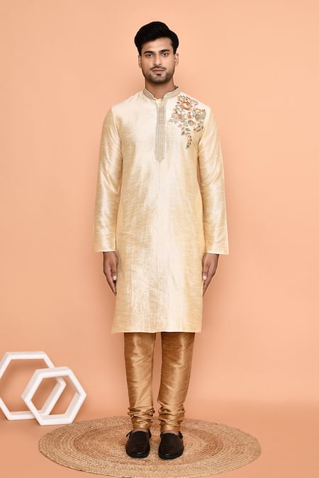 Buy_Arihant Rai Sinha_Beige Denim Embroidery Placed Vine Kurta With Churidar _Online_at_Aza_Fashions