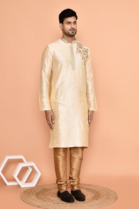 Shop_Arihant Rai Sinha_Beige Denim Embroidery Placed Vine Kurta With Churidar _Online_at_Aza_Fashions