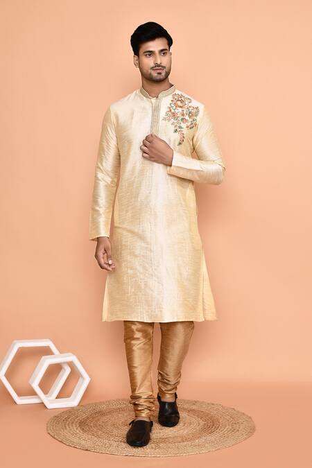Arihant Rai Sinha_Beige Denim Embroidery Placed Vine Kurta With Churidar _at_Aza_Fashions