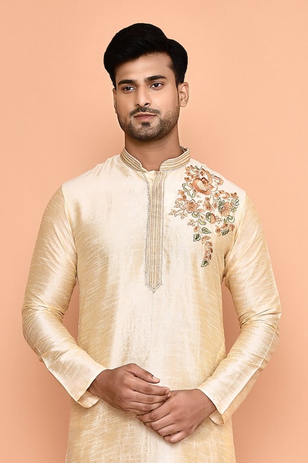 Buy Arihant Rai Sinha Beige Denim Embroidery Placed Vine Kurta With Churidar Buy_Arihant Rai Sinha_Beige Denim Embroidery Placed Vine Kurta With Churidar