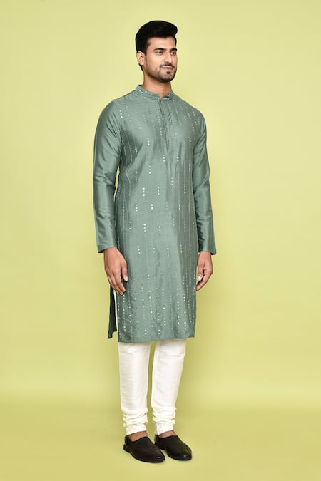 Shop_Arihant Rai Sinha_Green Silk Mirrors Stripe Kurta With Churidar _Online_at_Aza_Fashions