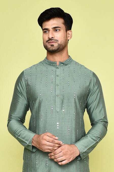 Buy_Arihant Rai Sinha_Green Silk Mirrors Stripe Kurta With Churidar 