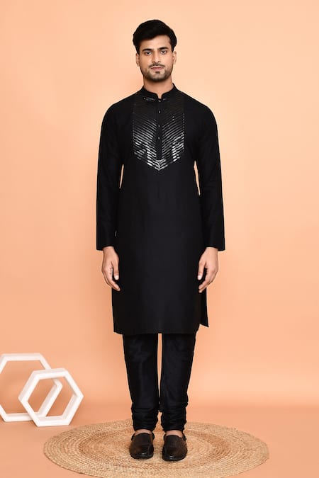Buy_Arihant Rai Sinha_Black Silk Tape Embellished Kurta With Churidar _Online_at_Aza_Fashions