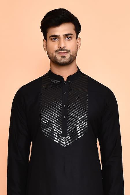 Shop_Arihant Rai Sinha_Black Silk Tape Embellished Kurta With Churidar _Online_at_Aza_Fashions
