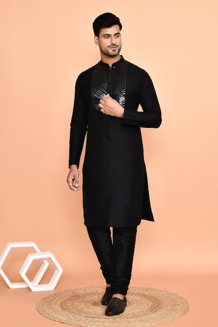 Buy_Arihant Rai Sinha_Black Silk Tape Embellished Kurta With Churidar 