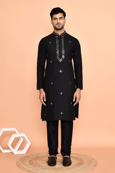 Buy_Arihant Rai Sinha_Black Silk Mirrors Embellished Kurta With Churidar _Online_at_Aza_Fashions