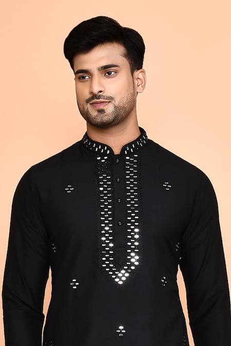 Arihant Rai Sinha_Black Silk Mirrors Embellished Kurta With Churidar _at_Aza_Fashions