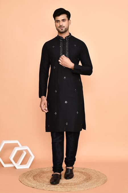 Buy_Arihant Rai Sinha_Black Silk Mirrors Embellished Kurta With Churidar 