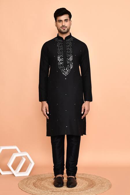 Buy_Arihant Rai Sinha_Black Silk Mirrors Scallop Kurta With Churidar _Online_at_Aza_Fashions