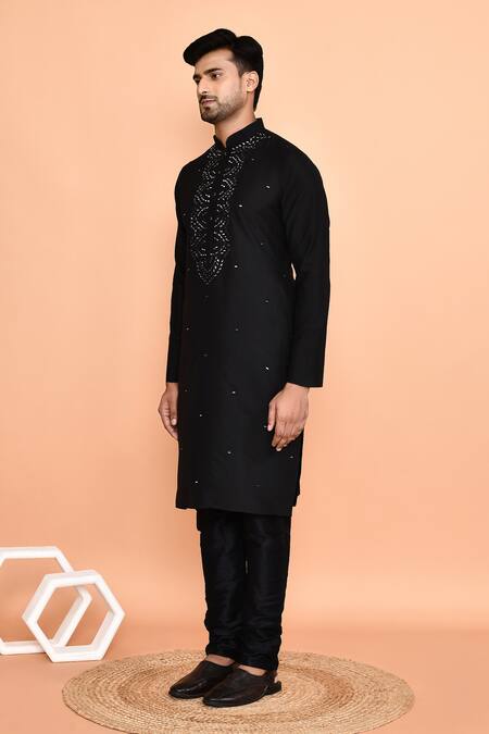 Shop_Arihant Rai Sinha_Black Silk Mirrors Scallop Kurta With Churidar _Online_at_Aza_Fashions