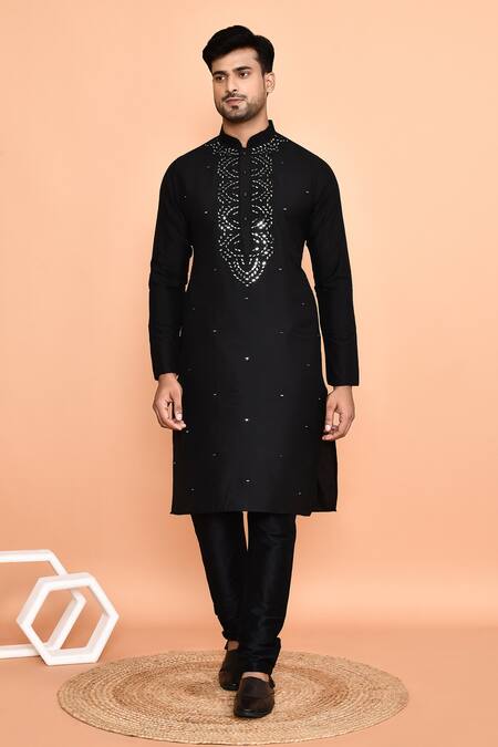 Buy_Arihant Rai Sinha_Black Silk Mirrors Scallop Kurta With Churidar 